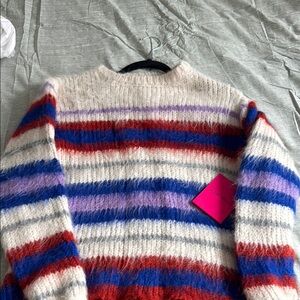 The Elder Statesman Vibrant Red and Blue Striped Crew Neck Sweater